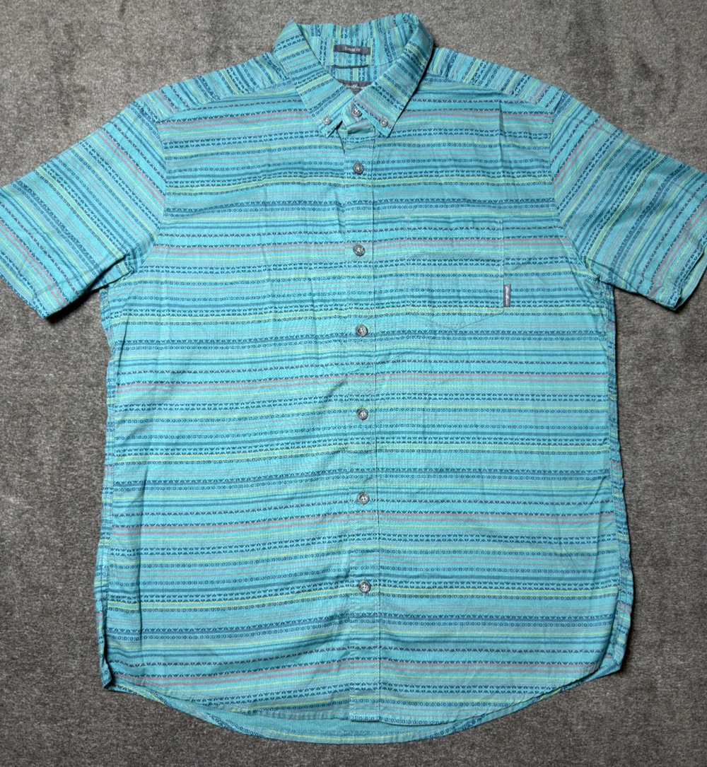 Eddie Bauer Mens Large Classic Short Sleeve Shirt Teal Striped Cotton Gorpcore